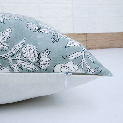 Hand Block Printed Teal Floral Cushion Cover | Cotton Decorative Pillow