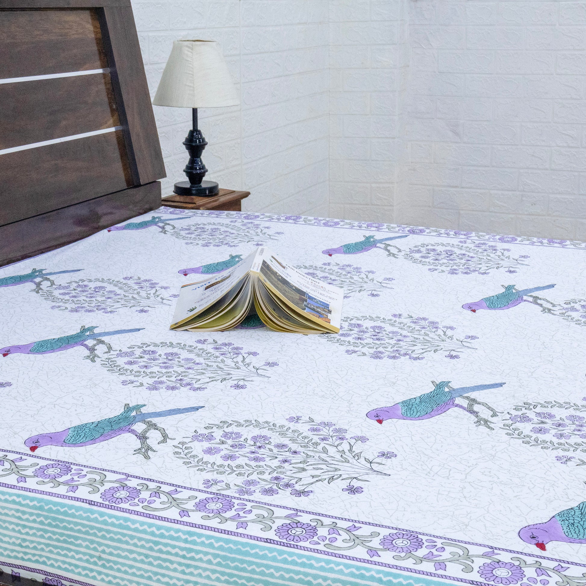 Indian Handmade Block Printed White and Purple Floral Pattern Cotton Bed sheet For living Room, Kids Room - My Store