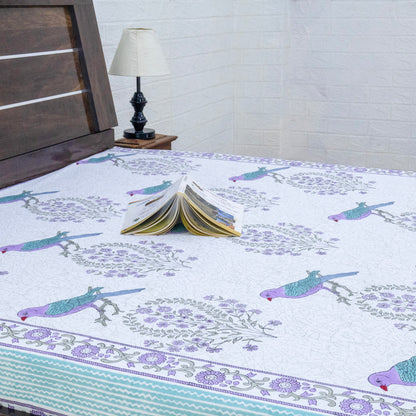Indian Handmade Block Printed White and Purple Floral Pattern Cotton Bed sheet For living Room, Kids Room - My Store