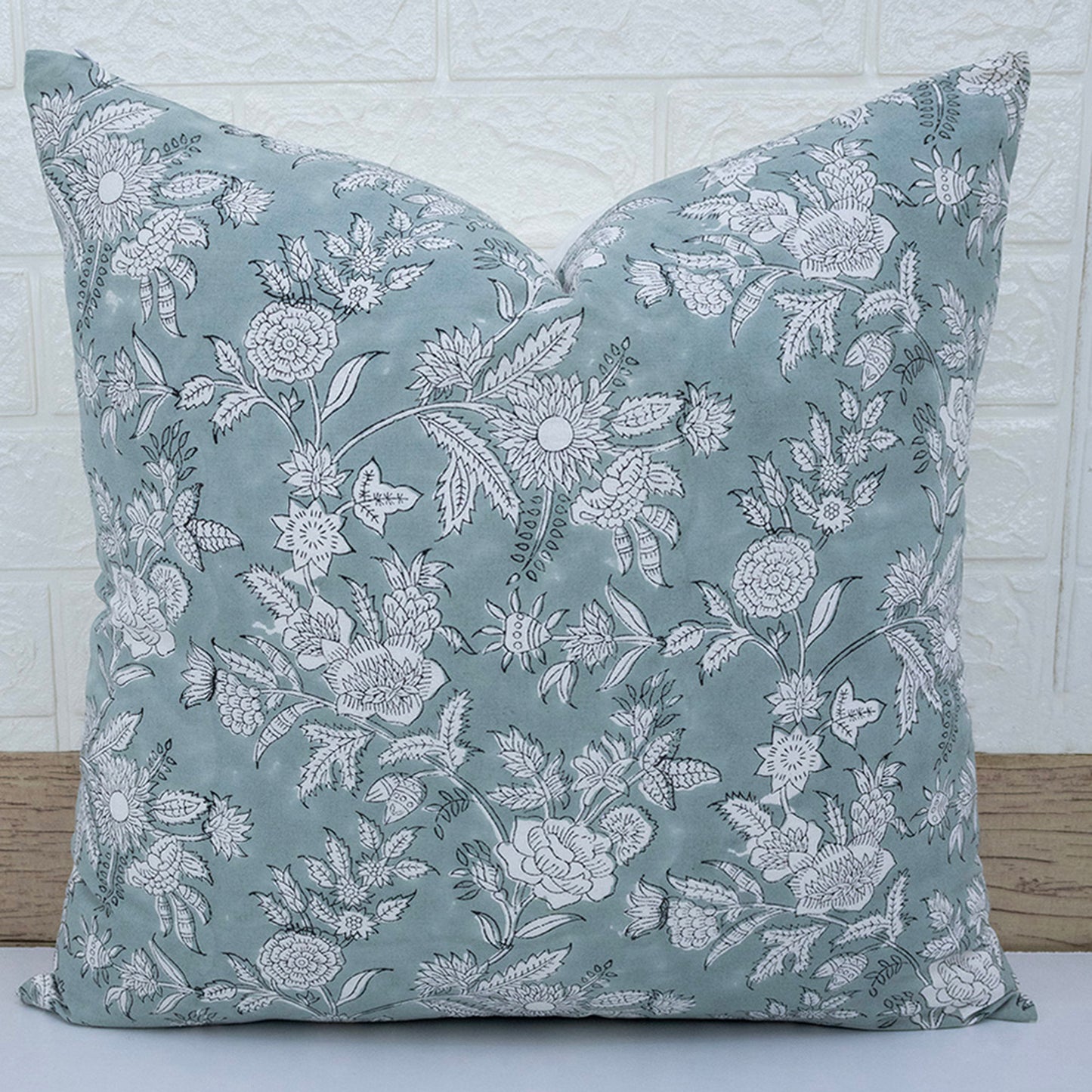 Hand Block Printed Teal Floral Cushion Cover | Cotton Decorative Pillow