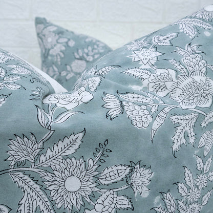 Hand Block Printed Teal Floral Cushion Cover | Cotton Decorative Pillow