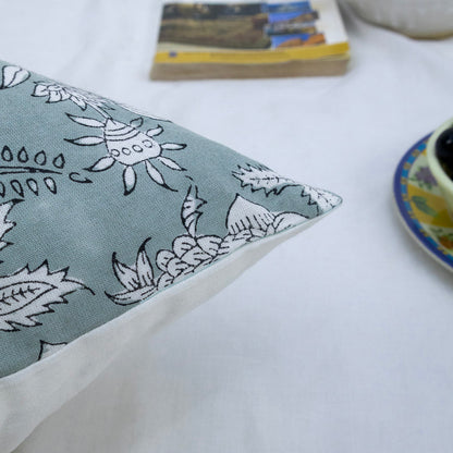 Hand Block Printed Teal Floral Cushion Cover | Cotton Decorative Pillow