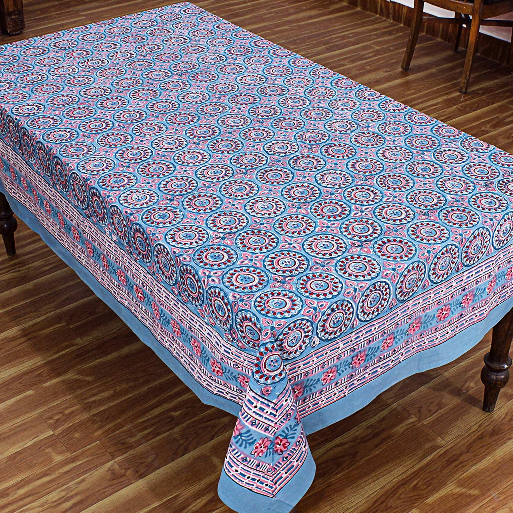 Blue and Red Floral Block Printed Table Cover - Rectangular Tablecloth - My Store
