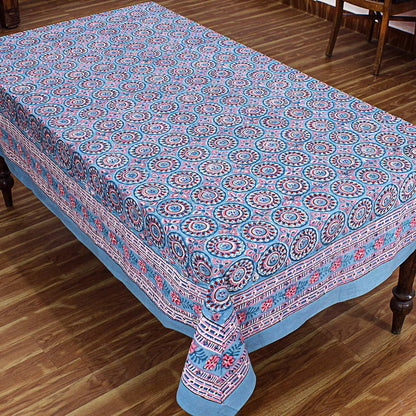 Blue and Red Floral Block Printed Table Cover - Rectangular Tablecloth - My Store