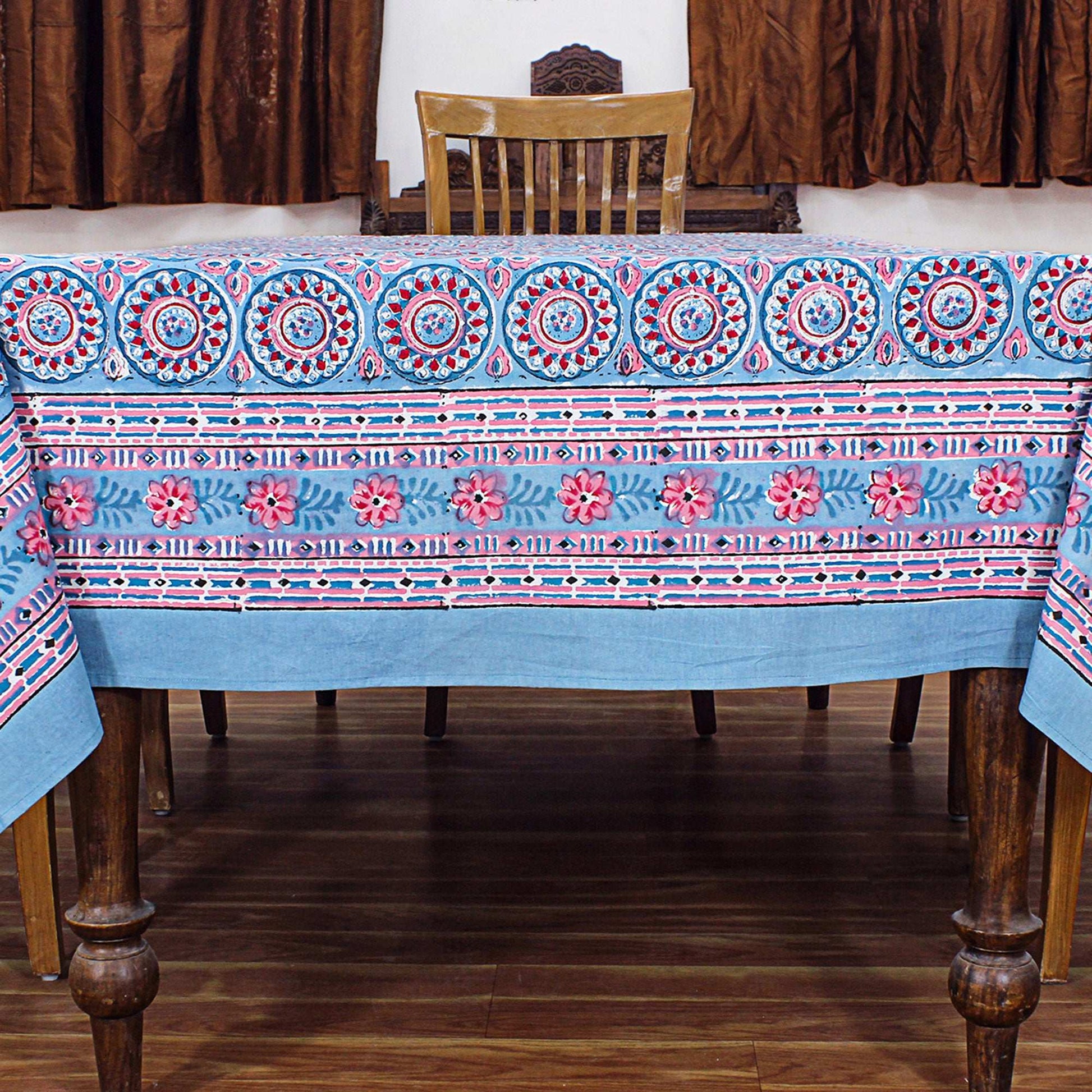 Blue and Red Floral Block Printed Table Cover - Rectangular Tablecloth - My Store