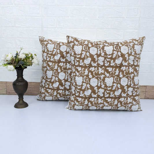 Handblock Brown Floral Cushion Cover | Cotton Decorative Throw Pillow