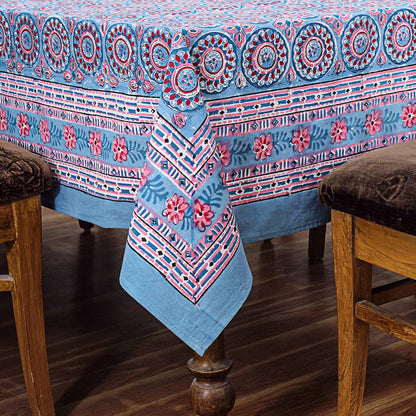 Blue and Red Floral Block Printed Table Cover - Rectangular Tablecloth - My Store