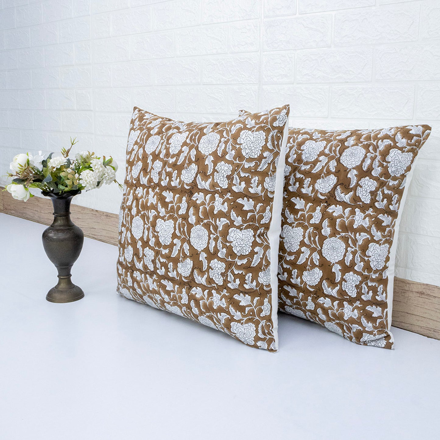 Handblock Brown Floral Cushion Cover | Cotton Decorative Throw Pillow