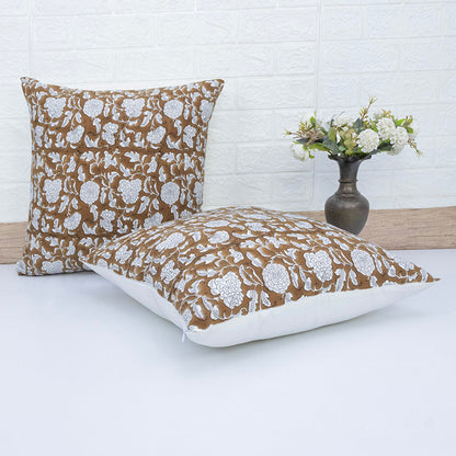 Handblock Brown Floral Cushion Cover | Cotton Decorative Throw Pillow