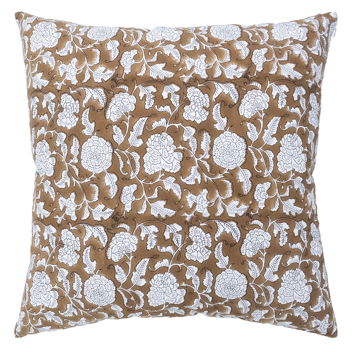 Handblock Brown Floral Cushion Cover | Cotton Decorative Throw Pillow