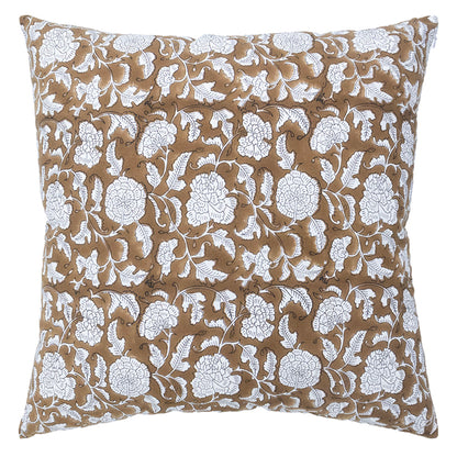 Handblock Brown Floral Cushion Cover | Cotton Decorative Throw Pillow