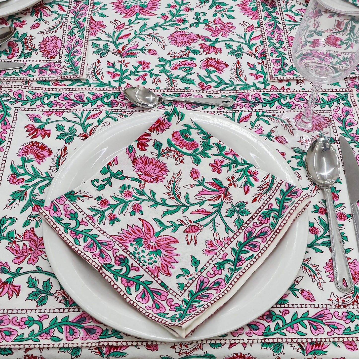 Floral Rectangle Table Cover Green and Pink Hand Block Printed Cotton Tablecloth - My Store