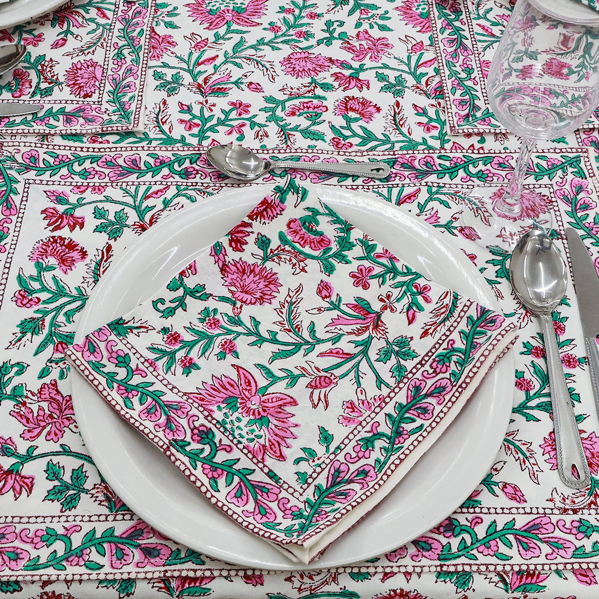 Floral Rectangle Table Cover Green and Pink Hand Block Printed Cotton Tablecloth - My Store