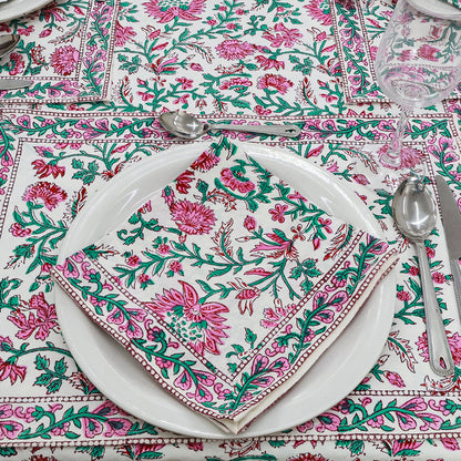 Floral Rectangle Table Cover Green and Pink Hand Block Printed Cotton Tablecloth - My Store
