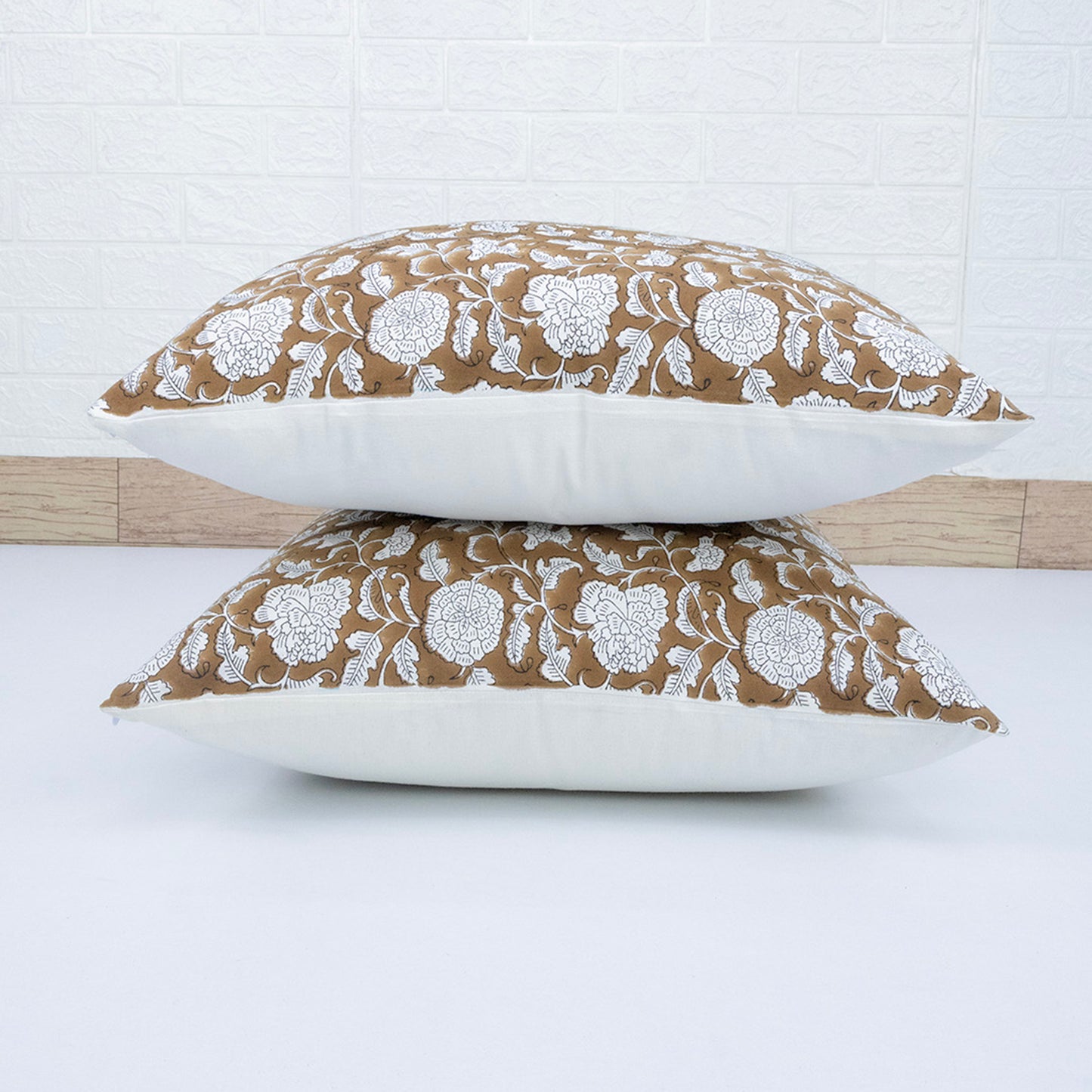 Handblock Brown Floral Cushion Cover | Cotton Decorative Throw Pillow