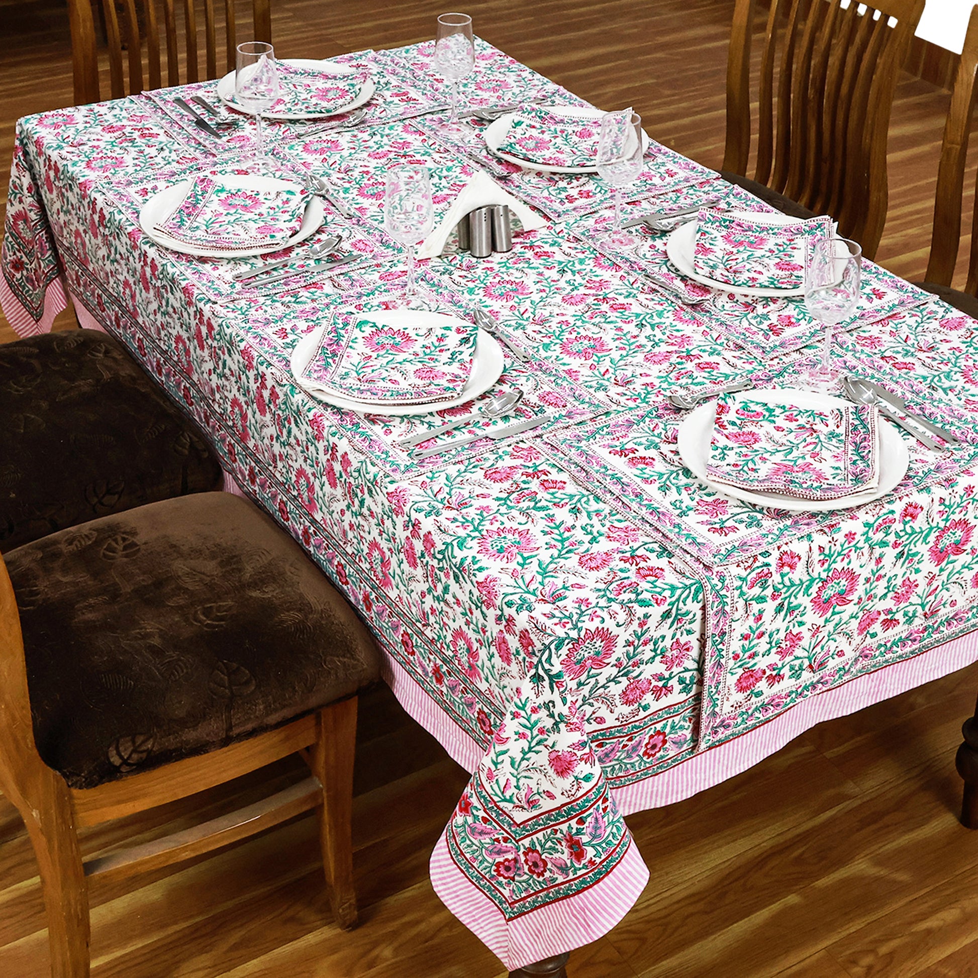 Floral Rectangle Table Cover Green and Pink Hand Block Printed Cotton Tablecloth - My Store