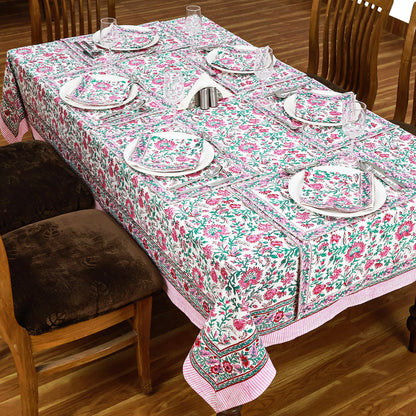 Floral Rectangle Table Cover Green and Pink Hand Block Printed Cotton Tablecloth - My Store
