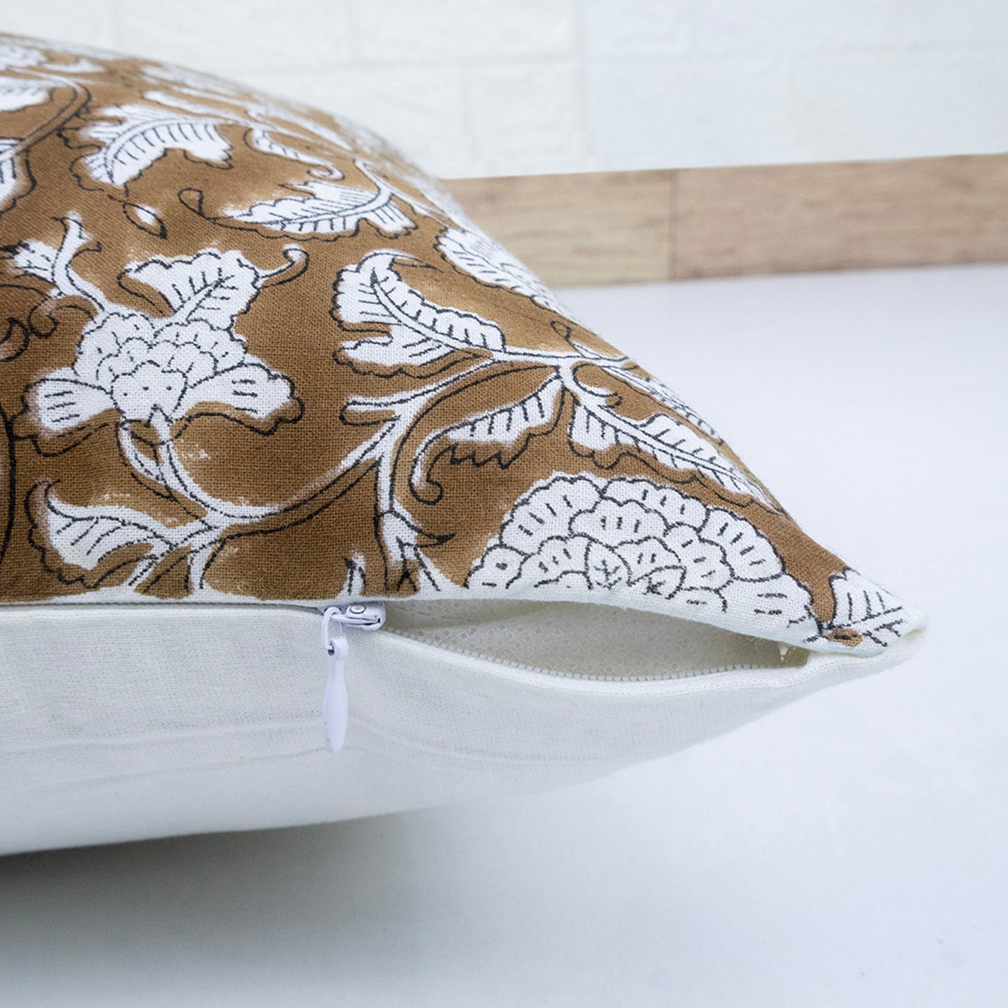 Handblock Brown Floral Cushion Cover | Cotton Decorative Throw Pillow