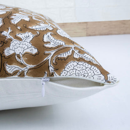 Handblock Brown Floral Cushion Cover | Cotton Decorative Throw Pillow