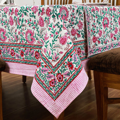 Floral Rectangle Table Cover Green and Pink Hand Block Printed Cotton Tablecloth - My Store