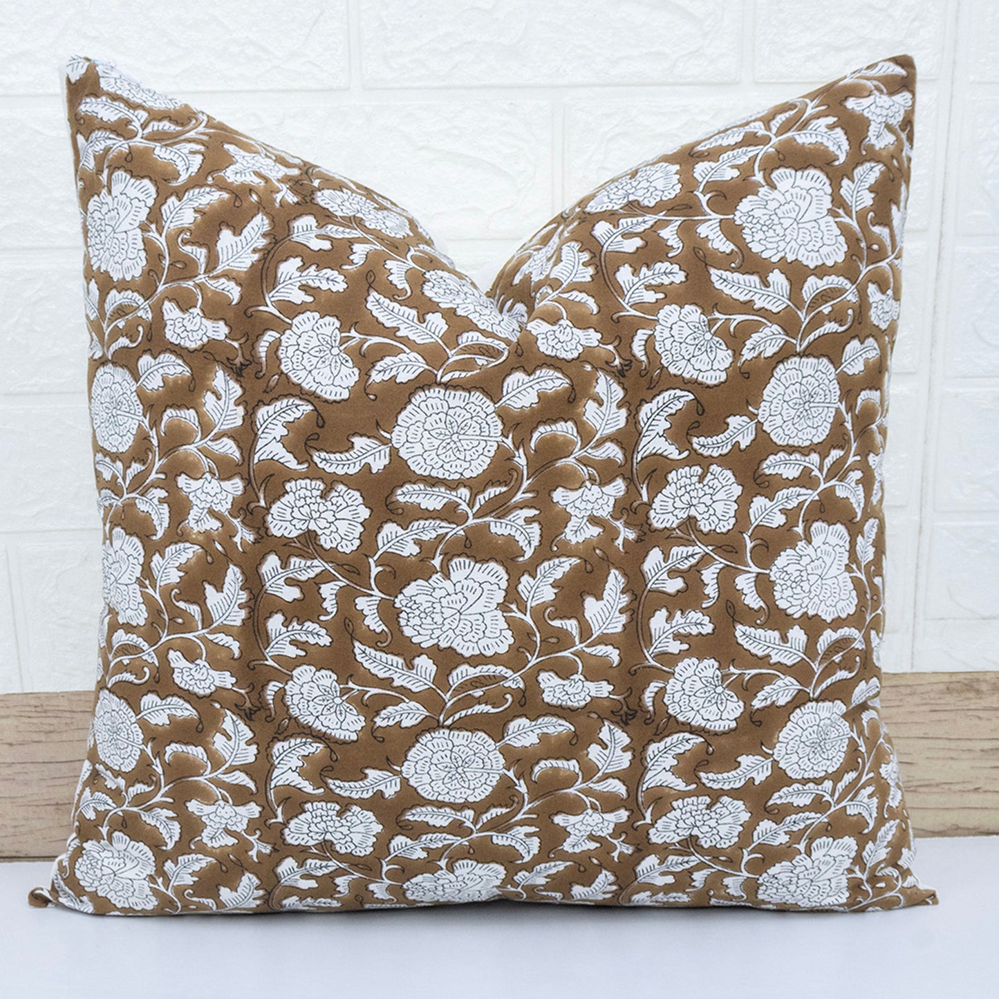 Handblock Brown Floral Cushion Cover | Cotton Decorative Throw Pillow