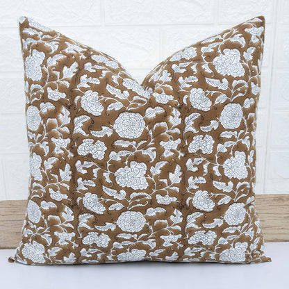Handblock Brown Floral Cushion Cover | Cotton Decorative Throw Pillow