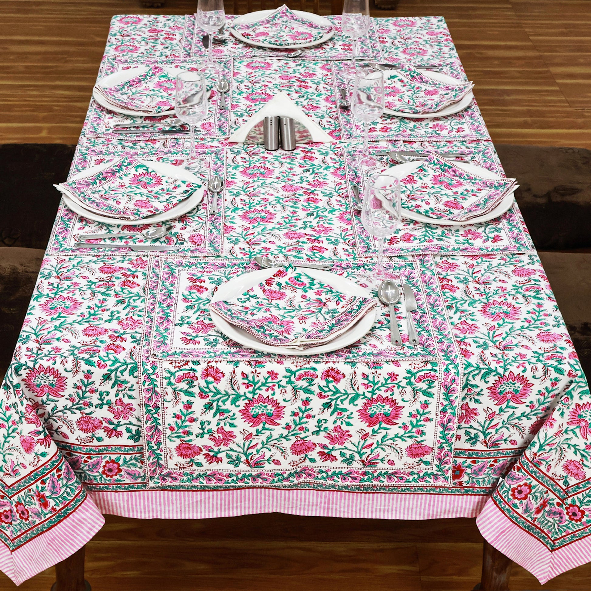 Floral Rectangle Table Cover Green and Pink Hand Block Printed Cotton Tablecloth - My Store