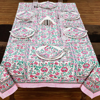 Floral Rectangle Table Cover Green and Pink Hand Block Printed Cotton Tablecloth - My Store