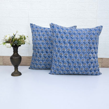 Blue Floral Buta Block Print Cushion Cover | Cotton Throw Pillow Cover