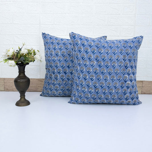Blue Floral Buta Block Print Cushion Cover | Cotton Throw Pillow Cover