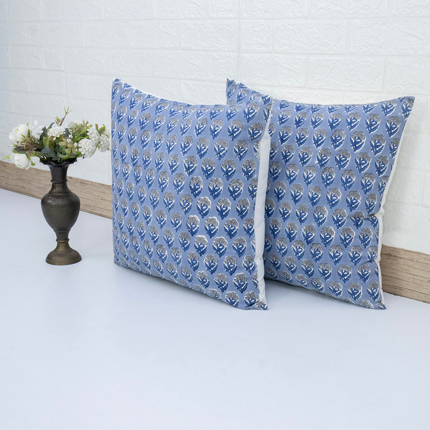 Blue Floral Buta Block Print Cushion Cover | Cotton Throw Pillow Cover