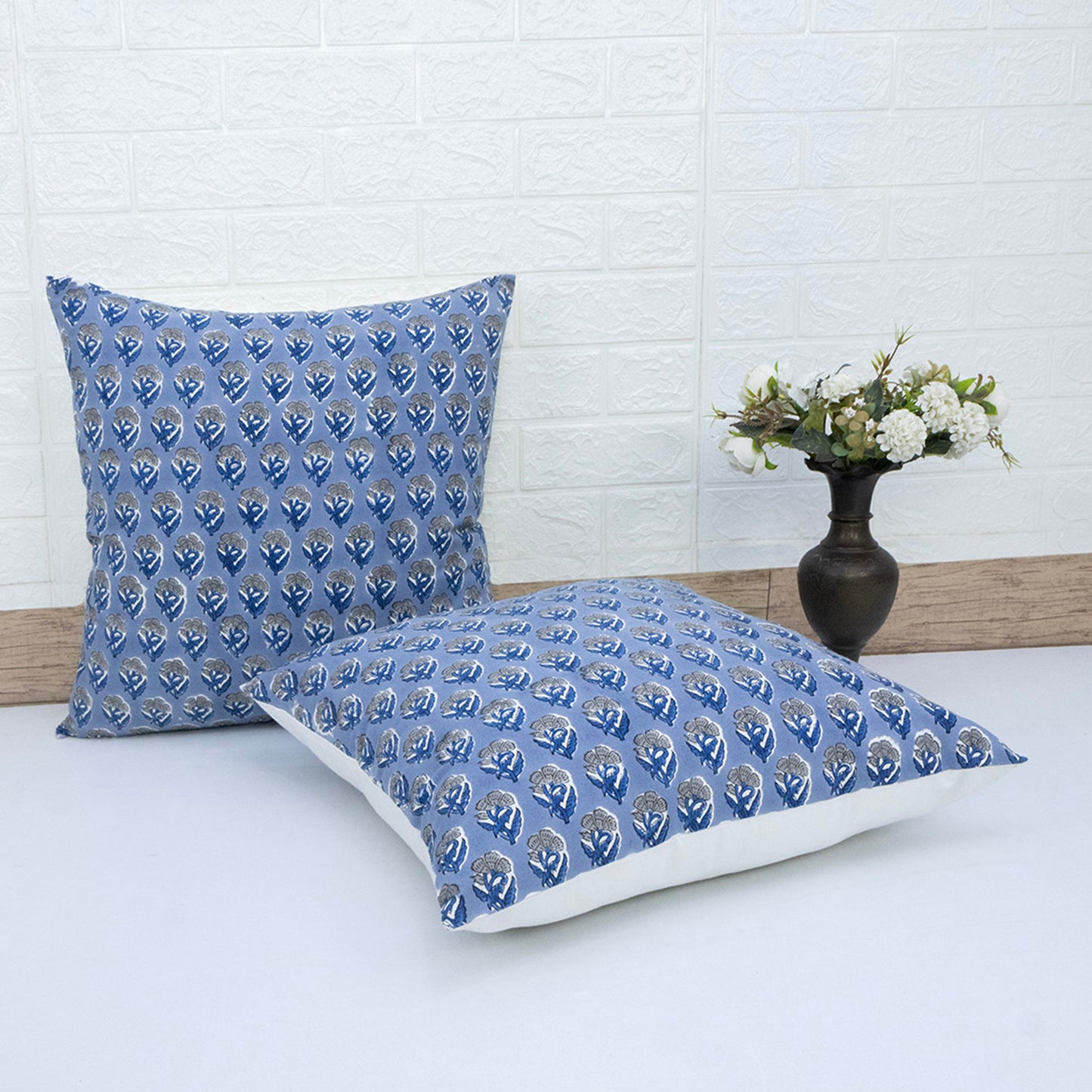 Blue Floral Buta Block Print Cushion Cover | Cotton Throw Pillow Cover