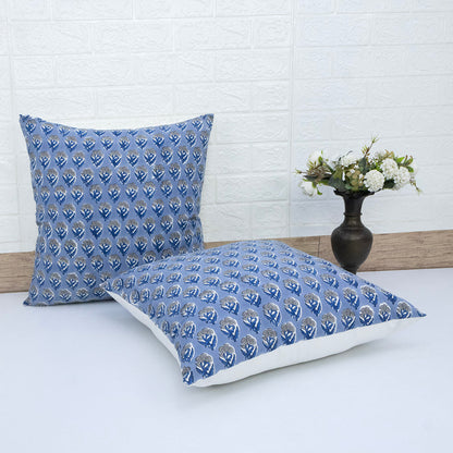 Blue Floral Buta Block Print Cushion Cover | Cotton Throw Pillow Cover
