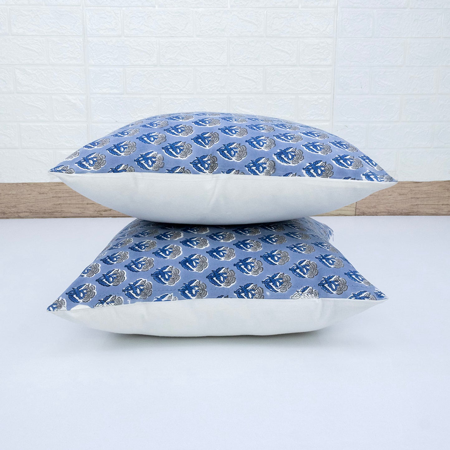 Blue Floral Buta Block Print Cushion Cover | Cotton Throw Pillow Cover