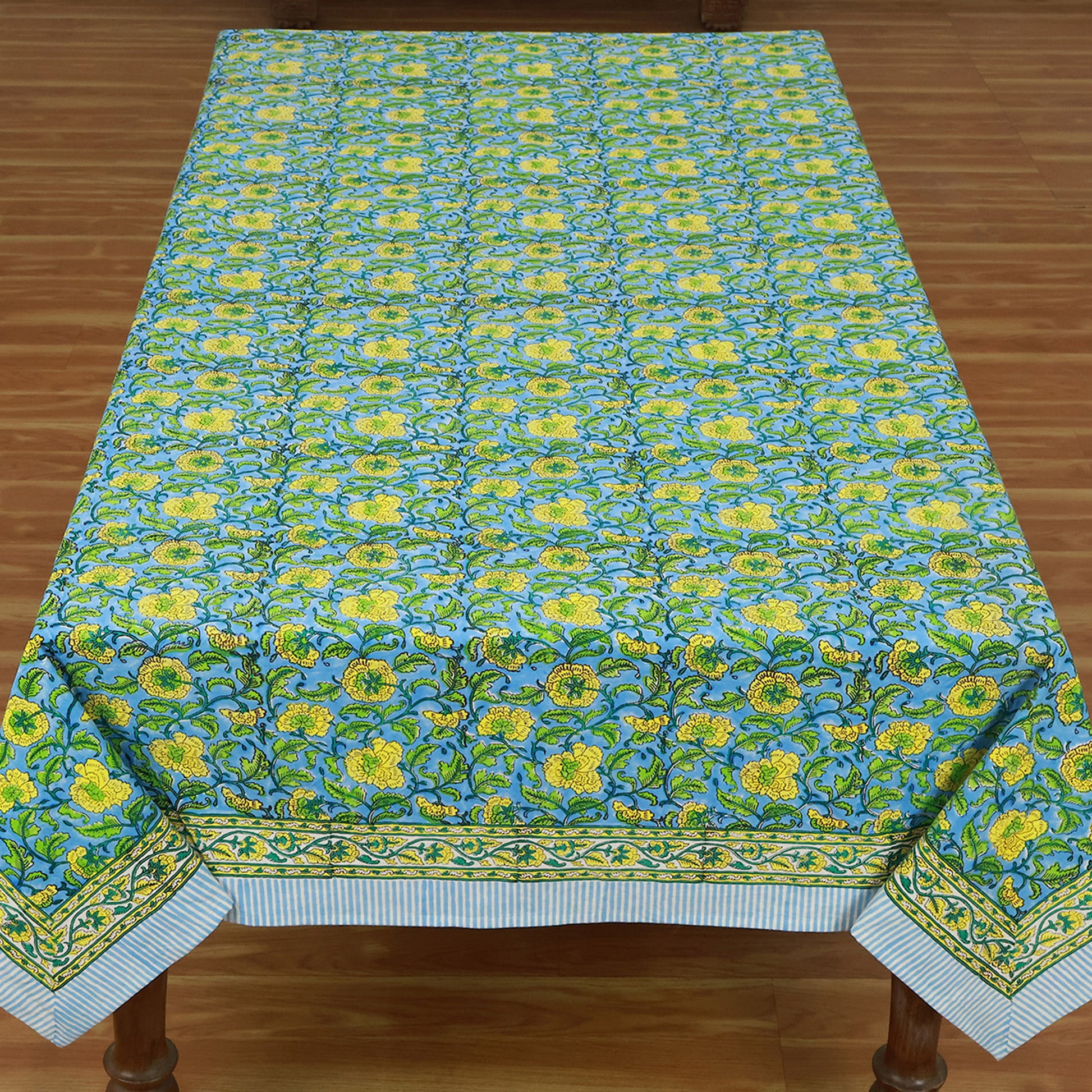 Floral Green Blue Rectangle Table Cover Hand Block Printed Tablecloth - My Store