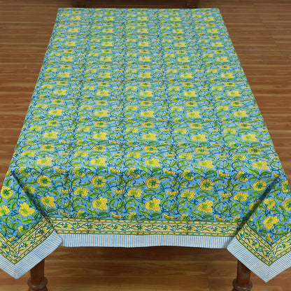 Floral Green Blue Rectangle Table Cover Hand Block Printed Tablecloth - My Store