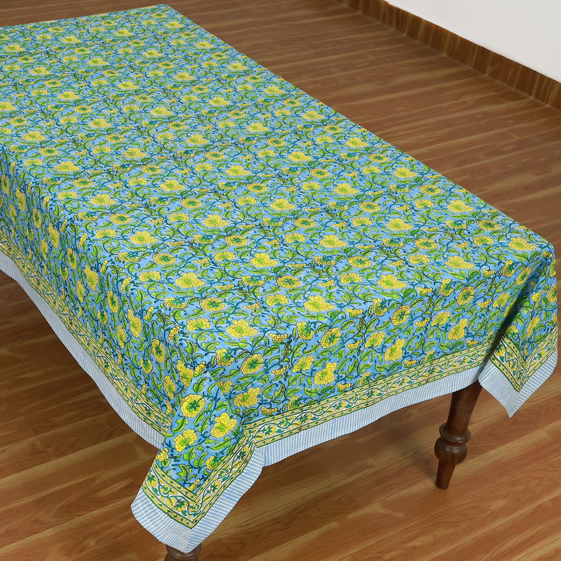 Floral Green Blue Rectangle Table Cover Hand Block Printed Tablecloth - My Store