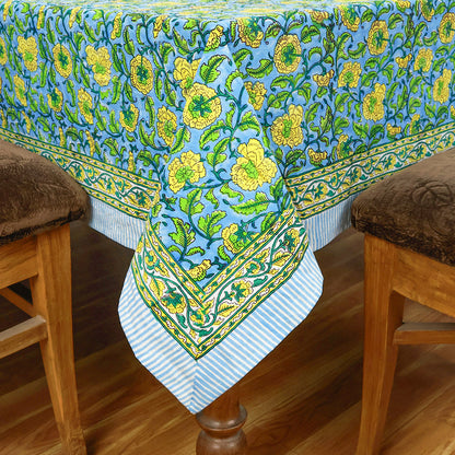 Floral Green Blue Rectangle Table Cover Hand Block Printed Tablecloth - My Store
