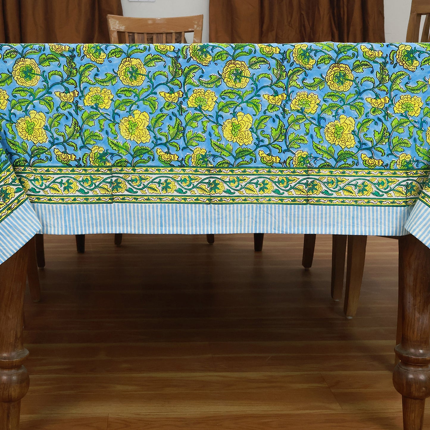 Floral Green Blue Rectangle Table Cover Hand Block Printed Tablecloth - My Store