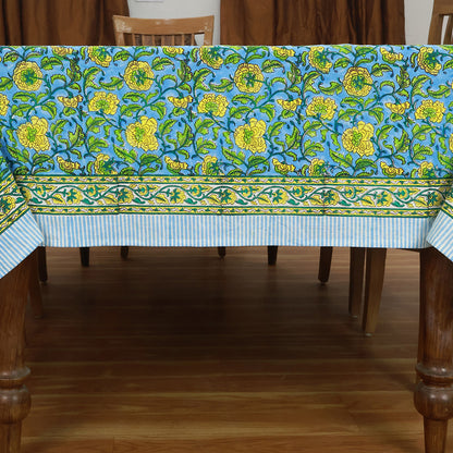 Floral Green Blue Rectangle Table Cover Hand Block Printed Tablecloth - My Store