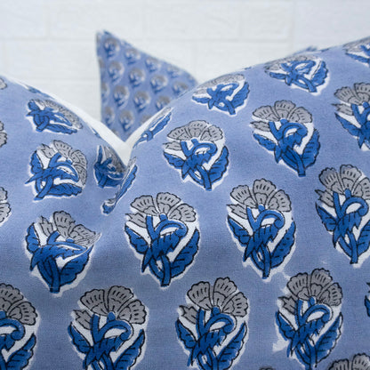 Blue Floral Buta Block Print Cushion Cover | Cotton Throw Pillow Cover