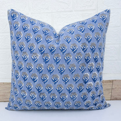 Blue Floral Buta Block Print Cushion Cover | Cotton Throw Pillow Cover