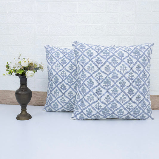 Blue Floral Block Print Cushion Cover – Cotton Decorative Pillow Cover