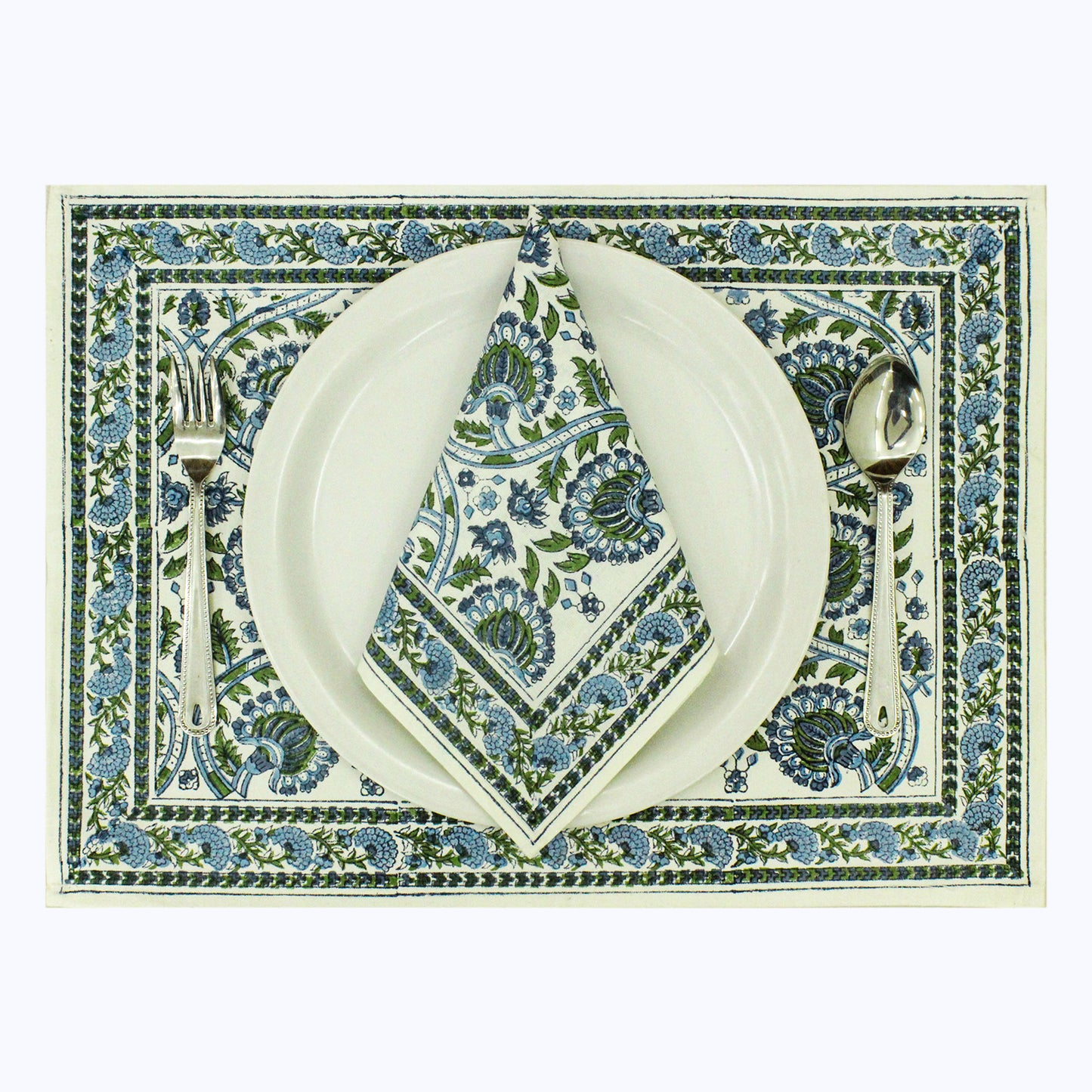 Green and Blue Handmade Block Printed Set Of 4 Napkins - My Store
