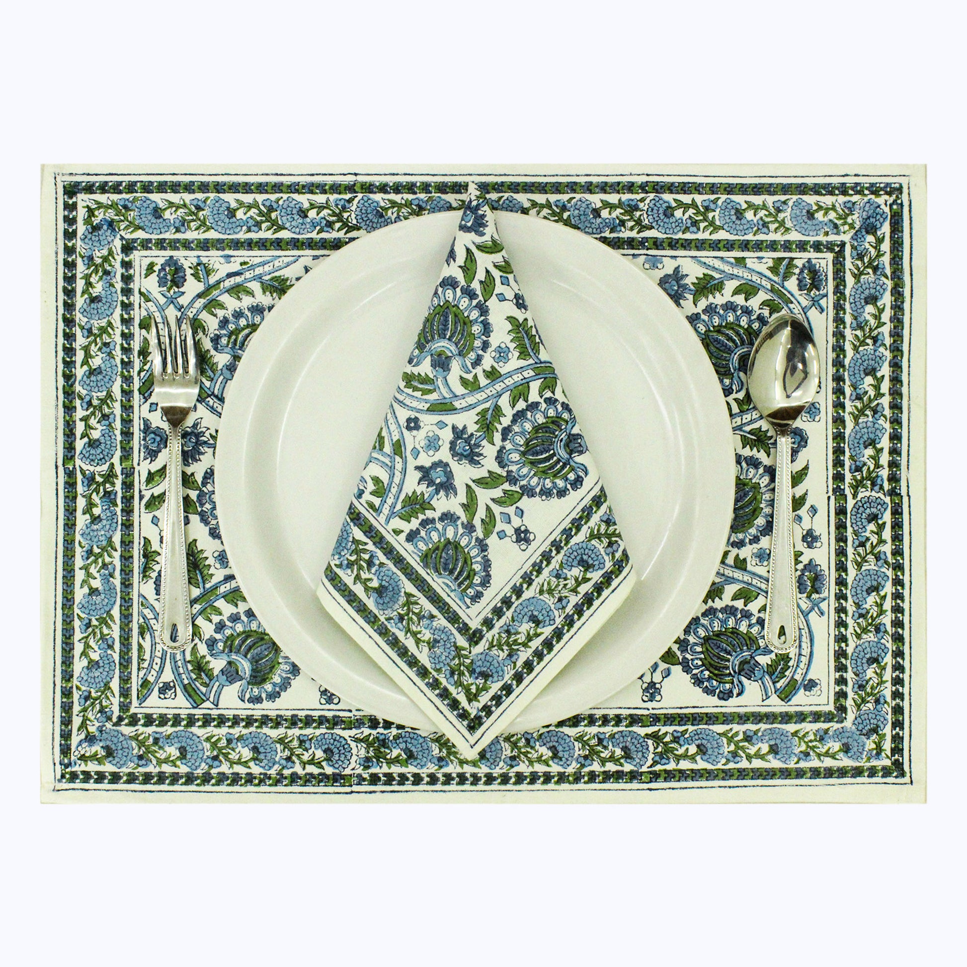 Green and Blue Handmade Block Printed Set Of 4 Napkins - My Store