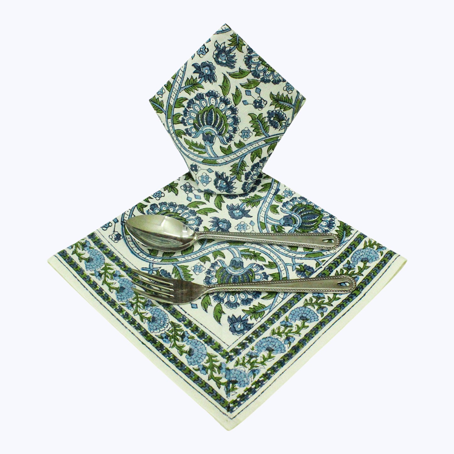 Green and Blue Handmade Block Printed Set Of 4 Napkins - My Store