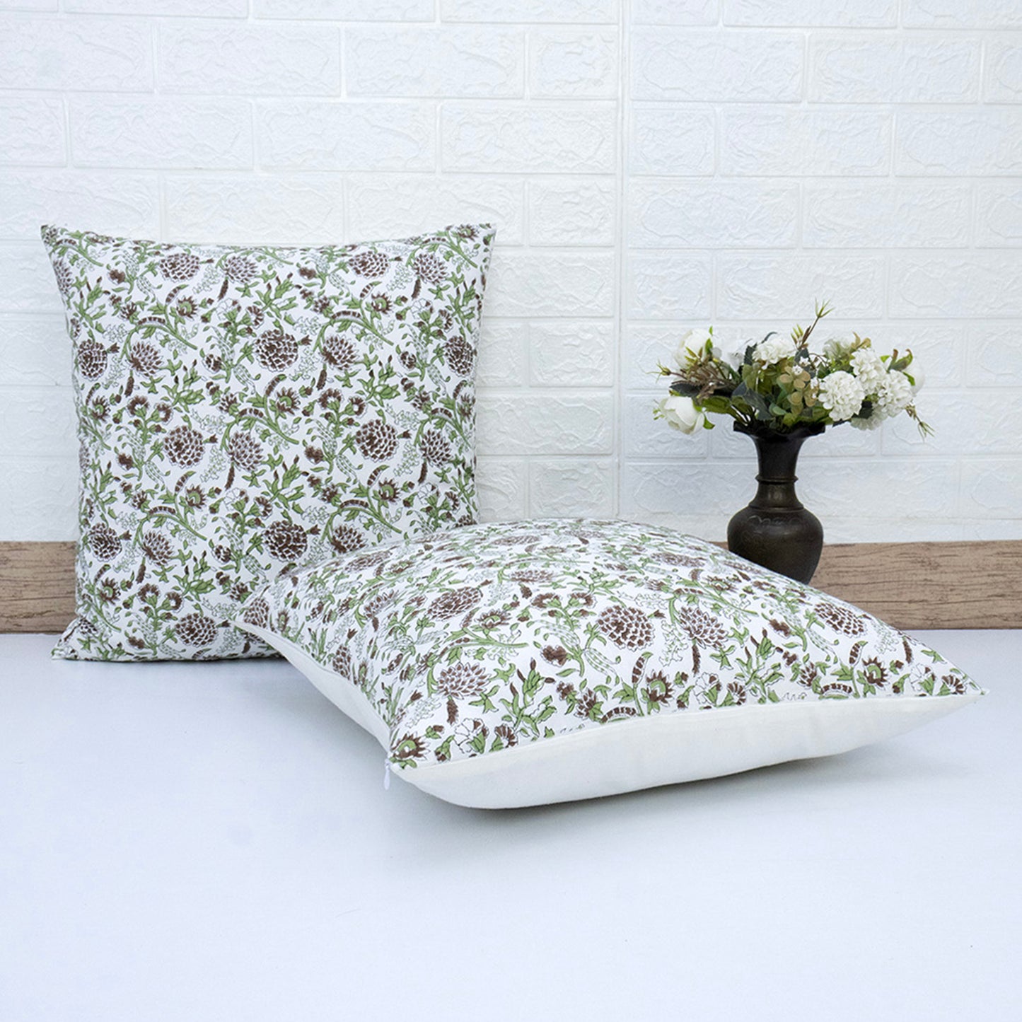 Brown Floral Pillow Cover Hand Block Printed Cushion Cover Boho Sofa Decor Pillow Cases