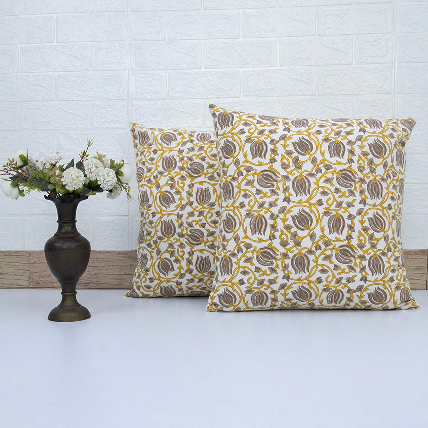 Mustard Yellow & Grey Floral Cotton Cushion Cover | Hand Block Print Decorative Pillow Cover | Elegant Sofa Cushion Case