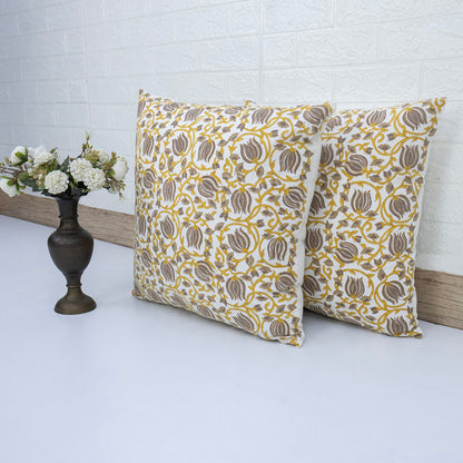 Mustard Yellow & Grey Floral Cotton Cushion Cover | Hand Block Print Decorative Pillow Cover | Elegant Sofa Cushion Case