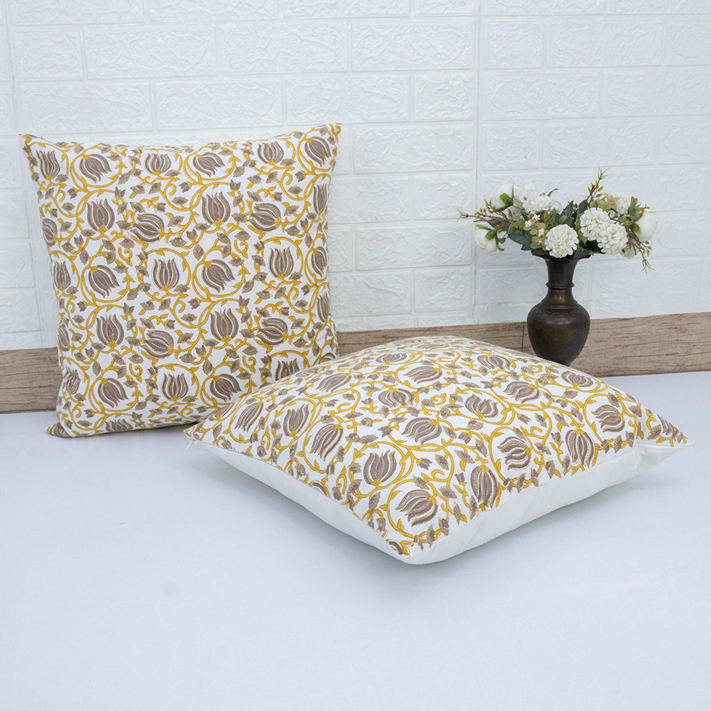 Mustard Yellow & Grey Floral Cotton Cushion Cover | Hand Block Print Decorative Pillow Cover | Elegant Sofa Cushion Case
